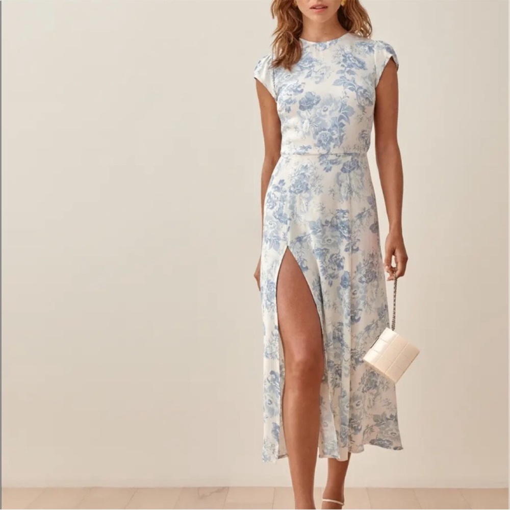 Reformation White and Blue Floral Midi Dress